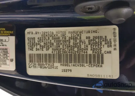 2004 Toyota Camry Le/Se/Xle из США, поврежденный, VIN 4T1BE30K44U292744